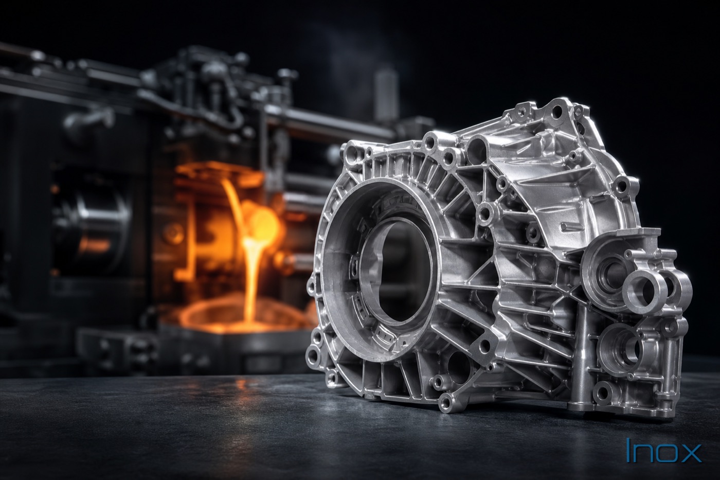 A precision die-cast aluminum housing with a die casting machine pouring molten metal behind it
